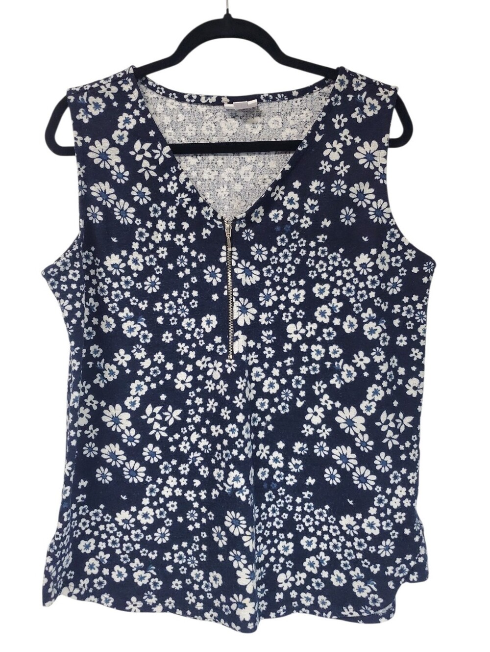 LuLaRoe Racheal Stretch Tank Top 1/4 Zip Medium Daisy Floral Navy And White